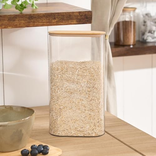 OHS Food Storage Containers with Bamboo Lid, BPA Free Oval Plastic Jars Large Airtight Kitchen Storage for Dry Food Cereal Sugar Spices and Baking Supplies, Clear