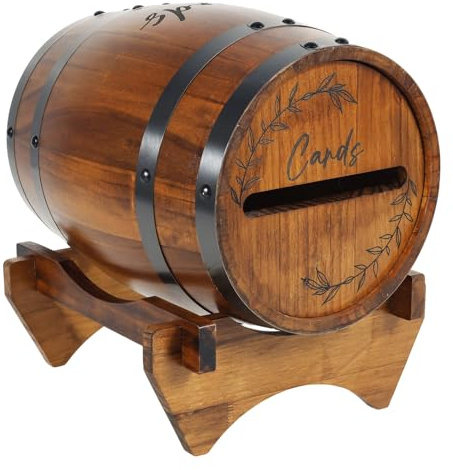 Jokapy Boîte de rangement en bois pour cartes de mariage en forme de baril de whisky - Housse de rangement pour argent - Housse pour mariage, douche nuptiale, fête d'anniversaire - Décor (brun)