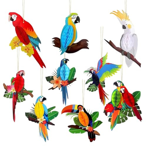 Dschungel Papagei Deko 9 Stück, hängend Wabenform, Vogel Party Decor | Bunte Waben Papageien zum Aufhängen, Wetterfest, Wasserabweisend, für Geburtstag, Hawaii & Sommerparty