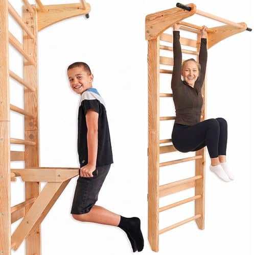 ARTE WIC Sprossenwand Holz mit Klimmzugstange & Barren (klappbar) - Indoor Klettergerüst für Kinder & Erwachsene - Turnwand bis 150kg Wandleiter für Krafttraining & Stretching