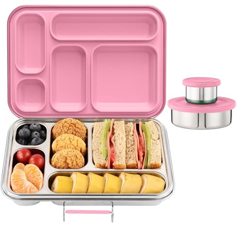 TOURPOR Edelstahl Bento Box für Erwachsene & Kinder, 5 Fächer Lunchbox mit 2 Soßenbehältern, BPA-freier Bento-Lunchbehälter, spülmaschinenfest, Schule & Arbeit Meal Prep Lunch Container (Rosa)