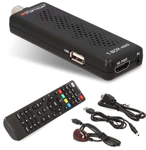 RED OPTICUM T-Box Mini DVB-T2/C Digital Full HD Receiver, H.265 HEVC, HDMI, USB 2.0, Schwarz, mit Fernbedienung, IR-Sensor, EPG, Teletext, PVR-Funktion, 115x37x17mm