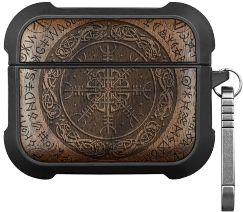 Carveit Hülle Kompatibel AirPods Pro 3 (Nussbaum-Vegvissir Viking) | Schutzhülle [Massivholz Einzigartiges Design Cover] [Titan-Schnellverschluss] für Airpods Pro 3 (2025)
