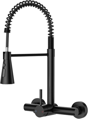 DAYONE Rubinetto da cucina a parete flessibile con 3 tipi di getto nero, rubinetteria girevole a 360°, miscelatore molla in acciaio inossidabile 304, aeratore rimovibile, alta pressione