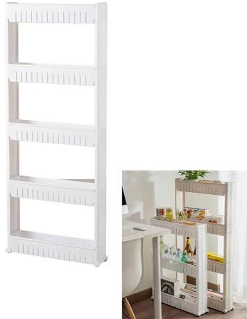 Tielag Nischenregal 5 Ebenen, Rollwagen 12cm Breit, Küchenwagen mit Rollen, 12×54×133cm, Platzsparend Schmal Aufbewahrungsregal Kunststoff für Küche, Bad, Büro, Schlafzimmer, Weiß