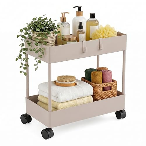 Relaxdays Rollwagen, 2 Etagen, Servierwagen, Küchenwagen, Bad & Büro, beige | Rollregal, HBT 38x39,5x21,5 cm, Bastelwagen