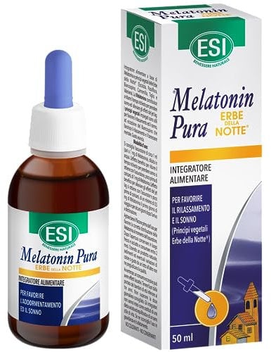 ESI - Melatonin Pura con Erbe della Notte, Integratore Alimentare in Gocce con Melatonina, Passiflora, Biancospino e Camomilla, Favorisce il Sonno, Senza Glutine e Vegan, Gusto Arancia, 50 ml