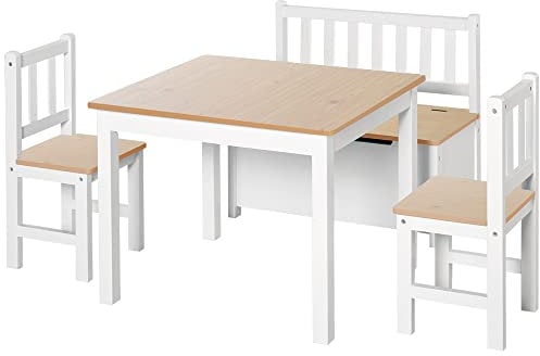 HOMCOM 4-Piece Kids Table and Chair Set with 2 Wooden Chairs, 1 Storage Bench, and Interesting Modern Design, Beige/White