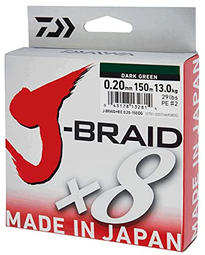 2 STK. Daiwa J-Braid 8 Braid 0.22mm, 17,0kg/27,5lbs, 300m dunkelgrün (Doppelpack)