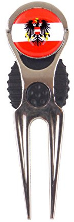 Mercia Golf Pitch Mark Repairer Divot Tool and International Flag ball markers. (Austria)