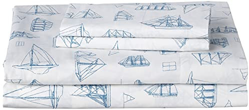 Nautica Queen-Bettwäsche-Set, Baumwoll-Perkal-Bettwäsche-Set, frisch und kühl, leicht und atmungsaktiv (Whitewood Sail Blue, 4-teilig, Queen)