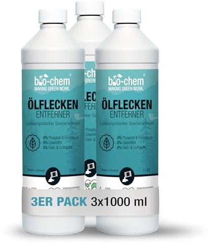 bio-chem Ölfleckentferner 3x 1 Liter - Zur effektiven Entfernung von Ölflecken aller Art - für Pflastersteine, Beton, Asphalt u.v.m. - Made in Germany