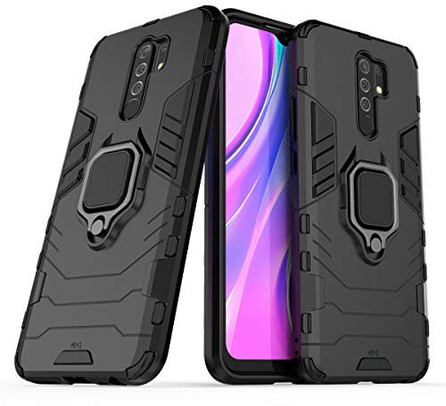 Coque pour Xiaomi Redmi 9 Housse Antichoc avec Anneau Rotatif Aimant Etui Magnétique Rigide Dure Armure Bague Support Armure Renforcée (Xiaomi Redmi 9, Noir)