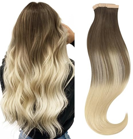hotbanana Tape in Extensions Echthaar, 60cm Tape Extensions Echthaar 24 Zoll 20 Stück 50g Sandbraun bis Platinblond Echthaar Extensions Tape Gerade Remy Echthaar Tape Extensions