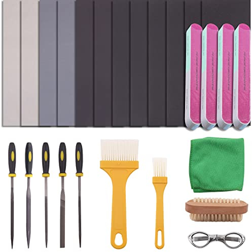 Wokape Lot de 22 kits de ponçage et de polissage en résine – 240# – 5000# papiers de sable, lime en résine, blocs de polissage, ciseaux, brosse de nettoyage en bois