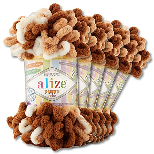 Wohnkult Alize 5x100 g Puffy Color Premium Wolle 26 Farbkombinationen Chenille Handarbeit Stricken und Häkeln ohne Hilfsmittel Smart Yarn (6398)