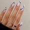 24PCS Medium Almond False Nails with Glue Stickers, Coffin Full Cover Acrylic Press on Nails no Glue, Black White lines French Tip Fake Nails Stick for Women and Girls Nail Art.