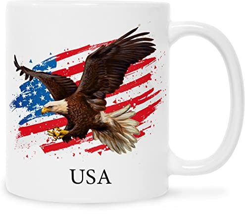Bedruckte Tasse mit Motiv - USA - Ländertasse mit Flagge & Adler - Geschenk Souvenir mit American Flag für Reiselustige Weltenbummler - Beidseitig bedruckt Stars and Stripes - Farbe: Weiß
