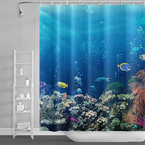 SDOTPMT 180x198cm Océan Tropical Poisson Rideau de Douche sous-Marin Mer Animal Corail Récif Rideau de Bain Été Bleu Océan Rideau de Baignoire pour Enfants Salle de Bains Polyester avec Crochets