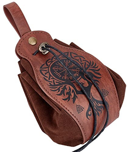 GORGECRAFT Leder Kordelzug Mittelalterliche Vintage Gürteltasche Phoenix Muster Bedruckt Tragbare Gürteltasche Modische Braune Würfel Geldbörse Für Damen Herren Wandern Hüfttaschen Kostümzubehör