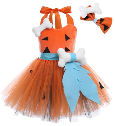 IMEKIS Kid Girls Princess Cavegirl Party Tulle Tutu Halloween Caveman Fancy Cosplay Dress Up Stone Age Child Deluxe Costume with Headband Cave People Carnival Birthday Outfit