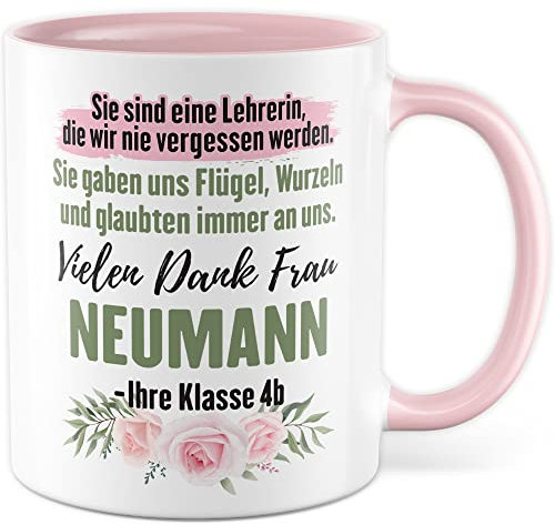 Pagma Druck - Lehrerin Geschenk: Personalisierte Tasse für Lehrerin mit Namen, Abschiedsgeschenk, Verabschiedung, Abschluss, Kaffee-Becher (Weiß & Rosa, 330 ml)