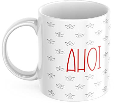 Tasse Ahoi mit kleinen Schiffen im Papierdesign und Unendlichkeitszeichen im maritimen Stil.