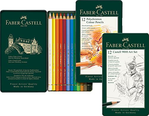 Faber-Castell - Lápices de colores en policromo, paquete de 12 piezas, estuche de metal + set de lápices Castell 9000