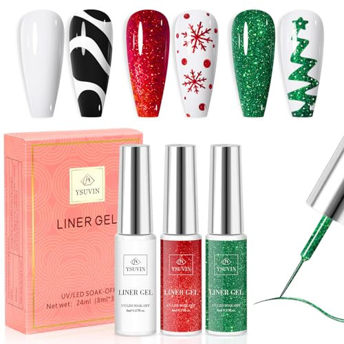 Yueshop Christmas Liner Nail Gel Polishes, 3x 8 ml Green White Red Colors Painting Soak Off Gel Nail Art Poish Kit, UV Gel Nail liner Thin Nail Art Brush Pen Tool for Home DIY Nail Salon