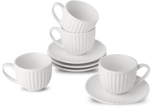 Hasense 4 Oz Espresso Cups with Saucers Set of 4, Ribbed Cappuccino Cups Ceramic for Coffee,Espresso,Double shot,Latte and Macchiato, Demitasse Cups Set Aesthetic Gift, White