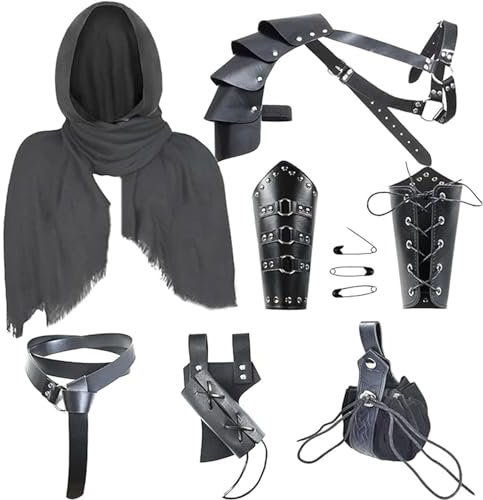 YRTBGD Mittelalterliches Ritterkostüm Zubehör Set mit Mittelalterlichem Gürtel Retro-Kopftuch Steampunk-Schulterpanzer Armschützer Gürteltasche Schwert Frosch für Halloween (Schwarz)