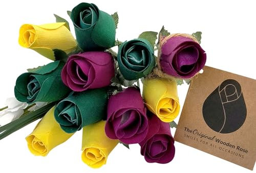 The Original Wooden Rose Mardi Gras Rosenstrauß aus Holz, mit violetten, gelben und grünen Holzrosen, geschlossene Knospe, 1 Dutzend