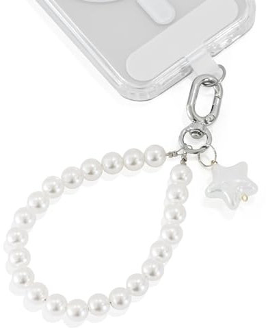 Qyoocom Handyanhänger,Handykette Perlen Bunt Kurz,Handy Universal Perlen Schlüsselband Abnehmbares Geeignet für alle Smartphones mit 2 Patch (Weiss Perlen 8mm)