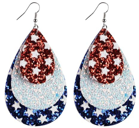 Boucles d'Oreilles Pendantes En Cuir à Paillettes Pour Femmes Et Filles Faites à La Main, Double Face, Étoiles Et Rayures Drapeau Américain Ornement De Festival Goutte Légère Cadeaux De Célébration