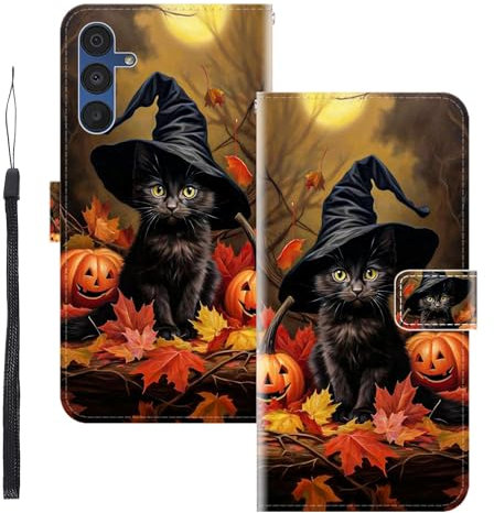 WUACYEAMING für Samsung Galaxy A15 Hülle Premium PU Leder Flip Klappbare Stoßfeste Magnetische Schutzhülle Tasche mit Kartenfach Geld Slot Ständer Kürbis Katze