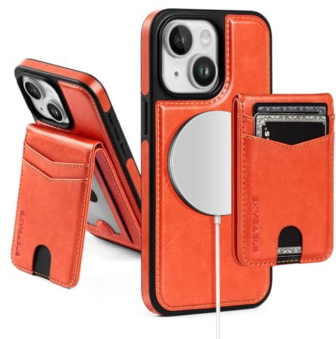 SkyEagle for Compatible Magsafe Magnetic 2 in 1 Detachable iPhone 14 Wallet Case with Card Holder,for Women Men,PU Leather RFID Blocking Flip Kickstand Credit Slots for Apple 14,Orange