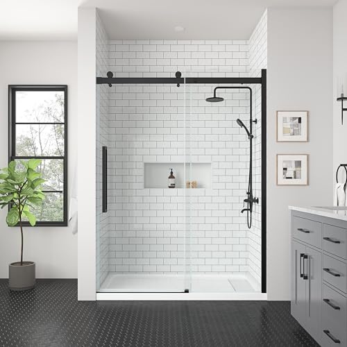 OVE Decors Bel 60-in W x 81-in H Frameless Sliding Shower Door Alcove Shower Kit, Shower Base Included in Matte Black