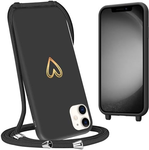 Mitetabo für iPhone 11 Hülle Handykette Necklace Handyhülle iPhone 11 mit Bands Gold Liebesherz Mädchen Case Weich Silikon Slim Kratzfeste Love Schutzhülle für iPhone 11 Graphitschwarz