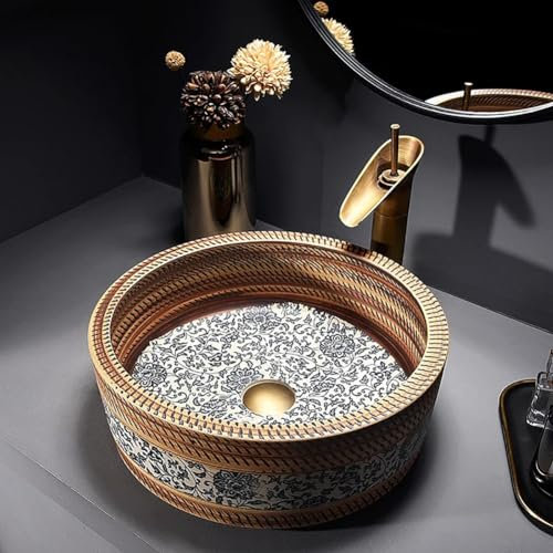 KK-GGL Orientalischer Stil Gefäßspüle, Retro Round Container Waschbecken, Bronze -Arbeitsplatten -Waschbecken, Runder Keramikspüle Gefäß, 41 * 41 * 14 Cm,Vessel sink only
