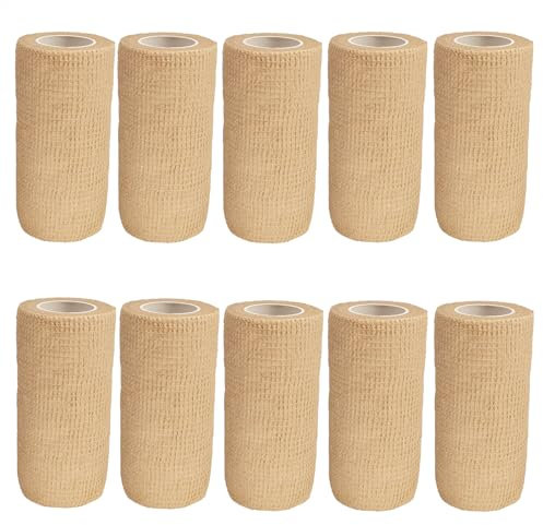 VIERSHU 10 Rollen Selbstklebender Elastische Verband Gipsbinden Bandage Haftbandage Selbsthaftende Wasserfest Binde Sport Tape für Knie Beine Hand Wrist und Sprunggelenk 10cm x 4.5m (Beige)