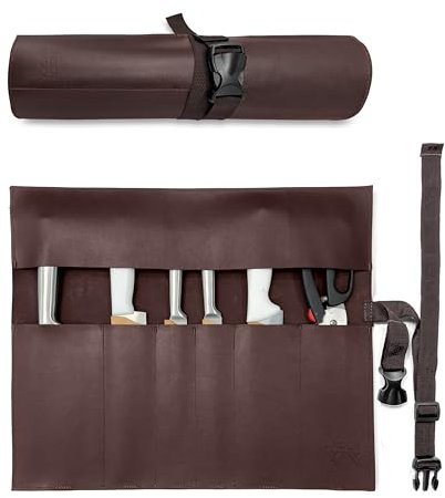 Under NY Sky Genuine Leather Knife Roll Case - 6 Slots - Real Leather Pouch - Portable Bag for Cooking Tools, Utensils, Cutlery Knives, Brushes - Chefs, Kitchen, Travel, Gift - Brown