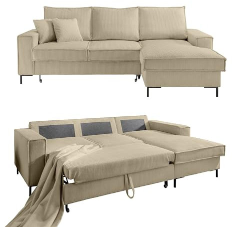 Modernes Cord Ecksofa 240x150 cm mit Schlaffunktion und Bettkasten, Wellenunterfederung, L-Couch mit Recamiere rechts, Liegefläche 125x198 cm, Cord-Bezug in Beige Grau / 17220