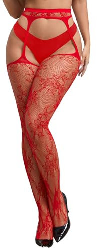 ohyeahlady Medias con Liguero Altas Mujer Mallas Ajustables Talla Grande Medias de Rejilla de Encaje Elástico Cintura Alta Pantimedias de Red Lencería Curvy Calcetines Cintura Alta Rojo,3XL-5XL