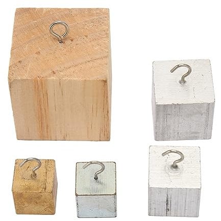 Set aus 5 Dichteblöcken, Kupfer, Eisen, Aluminium, Massivholz mit Kunststoff-Schnappgehäuse, Handgefertigte Würfel für Bildung, Labore, Schulen, Tests, Kleine und Kompakte Größe,
