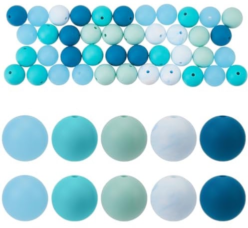 SOFPLATE 1 Box 60Pcs Round Silicone Bead Blue Focal Beads Bulk Mixed Color 15mm 16mm Rubber Soft Loose Spacer Beads for Bracelets Keychain Beadable Pens Necklaces Jewellery Making Beading DIY Crafts