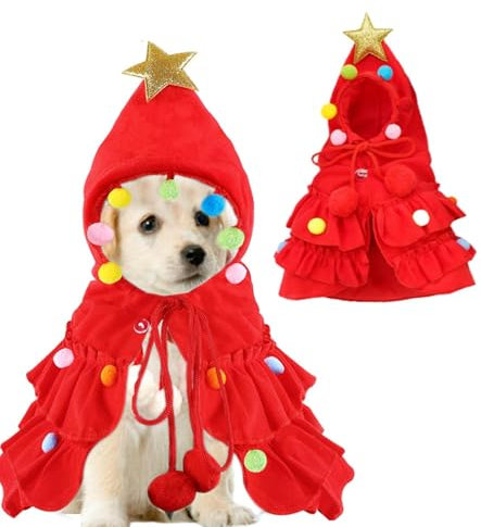 Disfraz Navidad para Perros Gatos, Traje De Navidad Perro, Ajustable Gorro de Navidad para Mascotas, Trajes para Perros Navidad, Disfraz de Navidad, Capa de Navidad para Mascotas Capa árbol Navidad