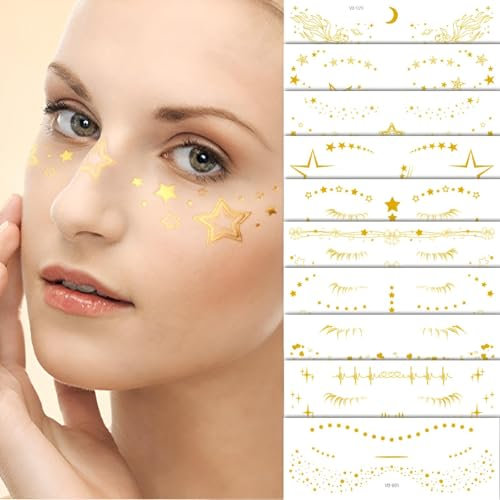 FloralGrace 10 Stück Goldene Glitzer Tattoo Aufkleber für Sommersprossen,Temporäre wasserdichte Gesichts Tattoos mit Stern und Herzdesign,Süße Glitzer Make up Accessoires
