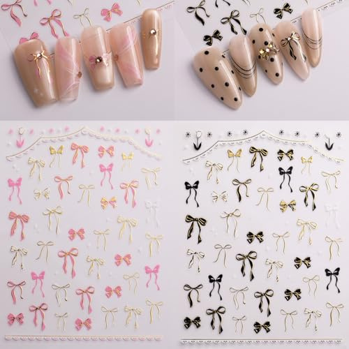 GZMAYUEN 6 Blätter Bow Nail Aufkleber für Gold Rosa Schwarz Blau Nail Art Aufkleber Bowknot