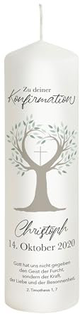 Liamoria® Konfirmationskerze Lebensbaum mit Namen, Datum und Spruch - Modell Christoph - Andenken und Konfirmationsgeschenk (25 x 8 cm)