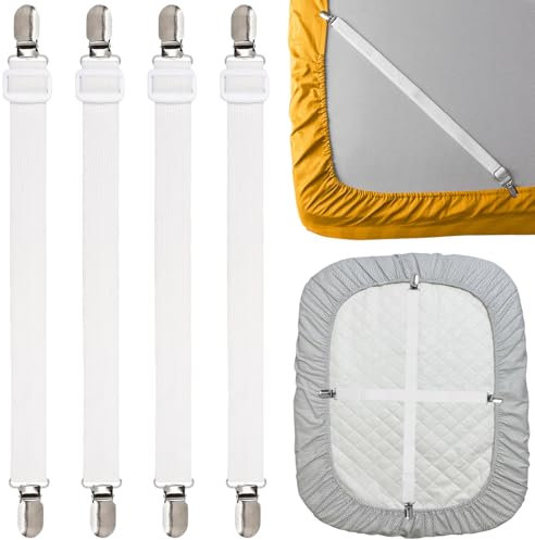 FUKPO 4 Stück Bettlakenspanner, Bettlaken Spanner Bettlakenspanner Verstellbar Spannbettlaken Halter, Elastische Bettlaken Spanngurte Betttuchspanner mit Clip Lakenspanner für Topper Weiß